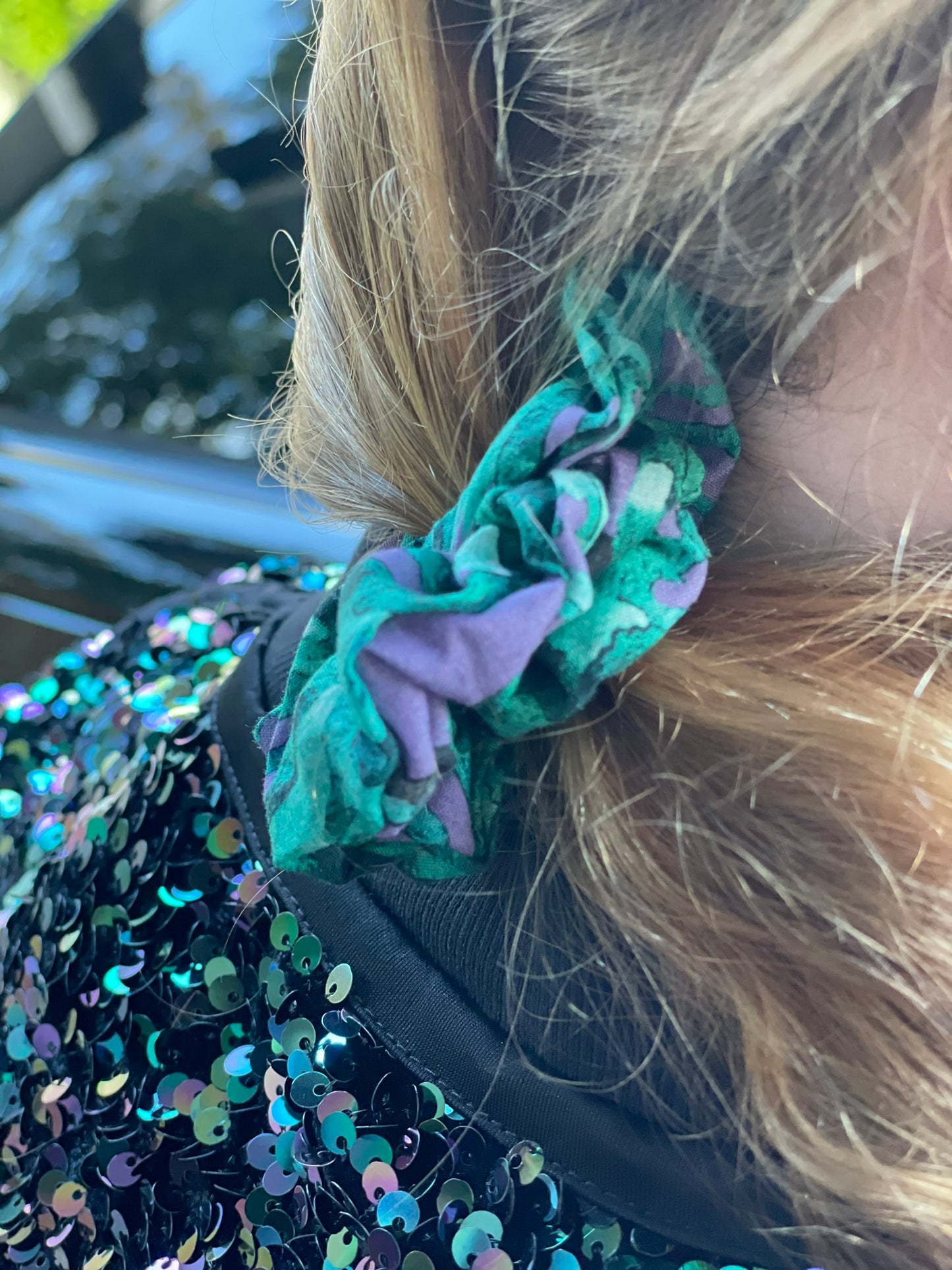 Green and purple palm scrunchie