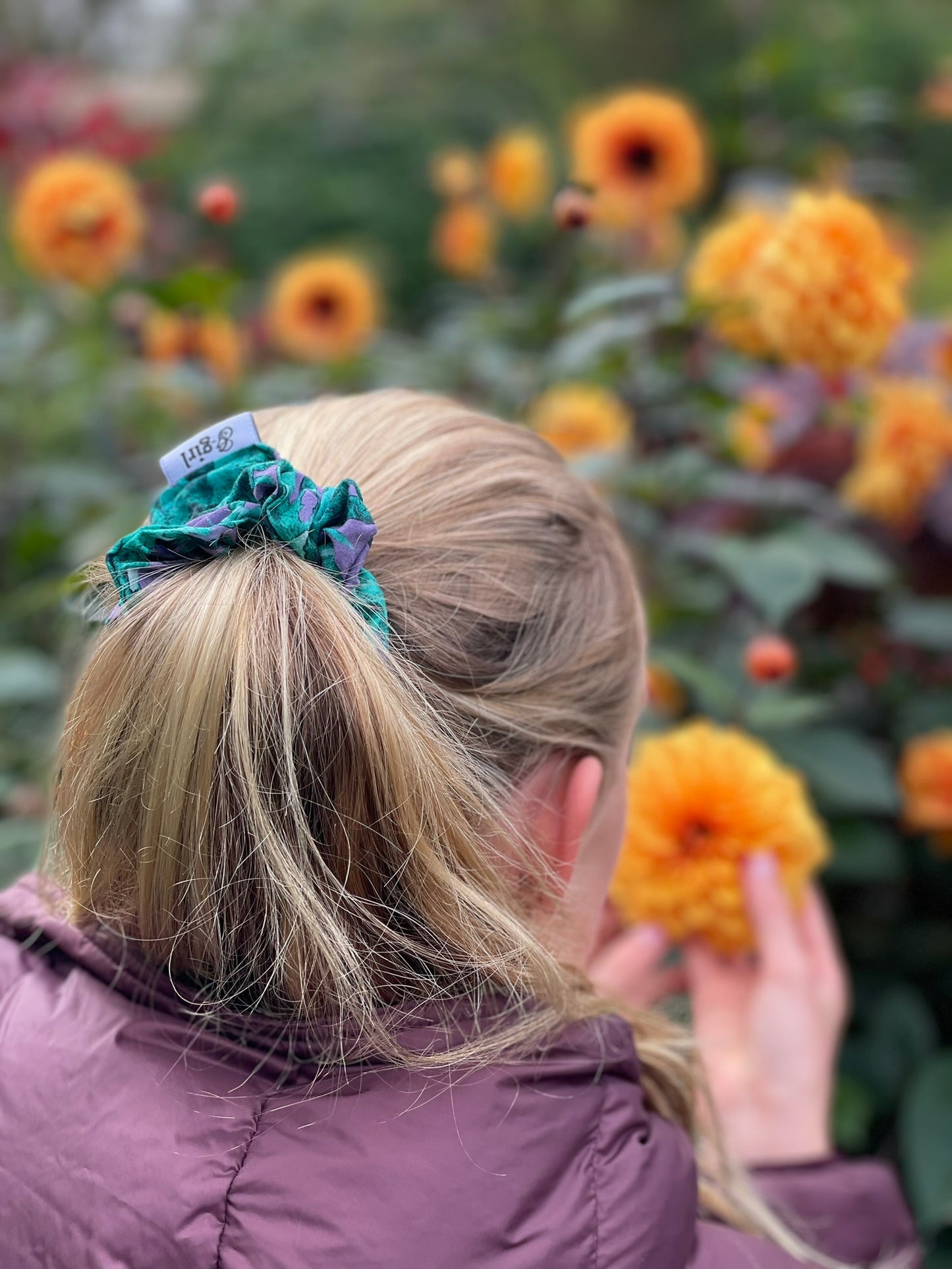 Green and purple palm scrunchie