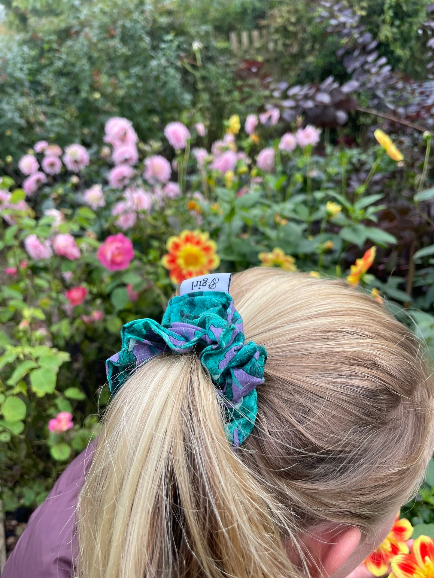 Green and purple palm scrunchie